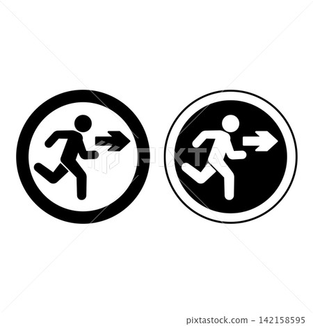 Exit Signs. Black and White Vector Icons. Warning Sign. Man Running Behind Exit Arrow. Emergency Evacuation Symbol Exit Signs. Black and White Vector Icons. Warning Sign. Man Running Behind Exit Arrow. Emergency Evacuation Symbol 142158595
