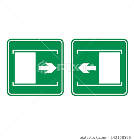 Green Sign Door Sliding Right and Left. Vector Icons. Warning Sign. The Door Slides Right To Open. Door Slides Left To Open Green Sign Door Sliding Right and Left. Vector Icons. Warning Sign. The Door Slides Right To Open. Door Slides Left To Open 142158596
