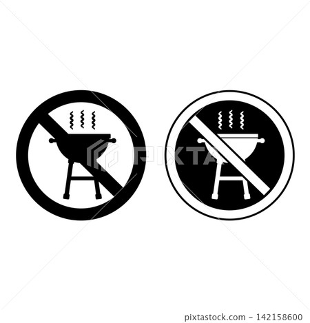 No Barbecue Signs. Black and White Vector Icons. Prohibitory Road Sign. No Grill, No BBQ. Meat Cooking Grill No Barbecue Signs. Black and White Vector Icons. Prohibitory Road Sign. No Grill, No BBQ. Meat Cooking Grill 142158600