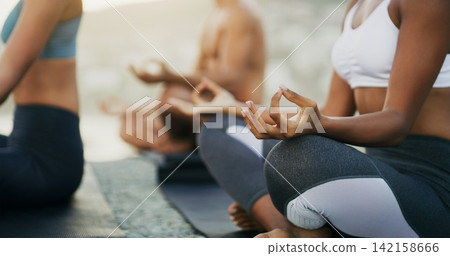 Hands, meditation and yoga at beach for fitness, exercising and mindfulness or wellness outdoor. Class, friends or people meditate with workout or balance for spiritual, strength and mental health 142158666