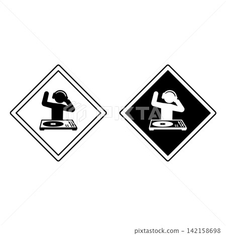 Caution DJ At Work Signs. Black and White Vector Icons. Humorous Music Sign. Funny Sticker. DJ With Headphones Dancing and Playing on DJ Mixer Caution DJ At Work Signs. Black and White Vector Icons. Humorous Music Sign. Funny Sticker. DJ With Headphones Dancing and Playing on DJ Mixer 142158698