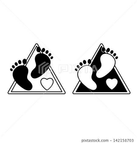 Signs Baby on Board. Black and White Vector Icons. Humorous Road Sign. Car Sticker. Baby Feet and Heart Signs Baby on Board. Black and White Vector Icons. Humorous Road Sign. Car Sticker. Baby Feet and Heart 142158703