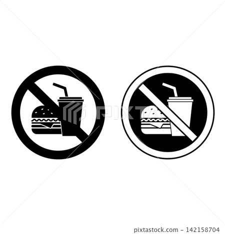 Signs No Food and Drinks Allowed. Black and White Vector Icons. Prohibitory Round Sign. Hamburger and Drink with Straw. Do Not Take Food Products. Fast Food Prohibited Signs No Food and Drinks Allowed. Black and White Vector Icons. Prohibitory Round Sign. Hamburger and Drink with Straw. Do Not Take Food Products. Fast Food Prohibited 142158704