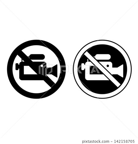Video Recording Or Streaming Not Allowed Signs. Black and White Vector Icons. Prohibitory Round Sign. Do Not Use a Video Camera 142158705