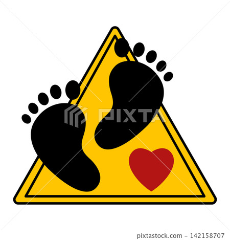 Yellow Sign Baby on Board. Vector Icon. Humorous Road Sign. Car Sticker. Baby Feet and Heart Yellow Sign Baby on Board. Vector Icon. Humorous Road Sign. Car Sticker. Baby Feet and Heart 142158707