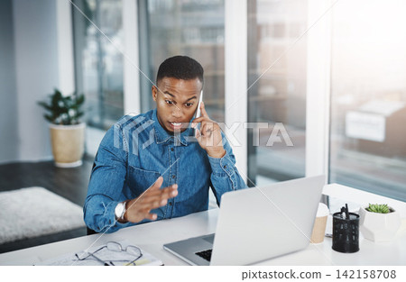 Discussion, phone call and black man by computer in office, workspace and desk happy in creative career. Communication, internship and journalist with tech for contact, research and internet Discussion, phone call and black man by computer in office, workspace and desk happy in creative career. Communication, internship and journalist with tech for contact, research and internet 142158708