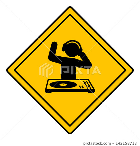 Yellow Sign Caution DJ At Work. Vector Icon. Humorous Music Sign. Funny Sticker. DJ With Headphones Dancing and Playing on DJ Mixer Yellow Sign Caution DJ At Work. Vector Icon. Humorous Music Sign. Funny Sticker. DJ With Headphones Dancing and Playing on DJ Mixer 142158718