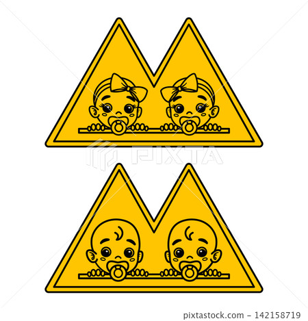 Yellow Sign Twins On Board. Vector Icon. Humorous Road Sign. Car Sticker. Twins Girls and Twins Boys Yellow Sign Twins On Board. Vector Icon. Humorous Road Sign. Car Sticker. Twins Girls and Twins Boys 142158719