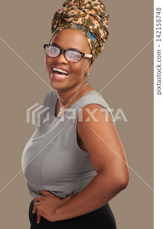 Black business woman, happy and portrait in studio for career, growth or excited for job by background. African entrepreneur, person and smile for pride, fashion or confident at creative media agency Black business woman, happy and portrait in studio for career, growth or excited for job by background. African entrepreneur, person and smile for pride, fashion or confident at creative media agency 142158748