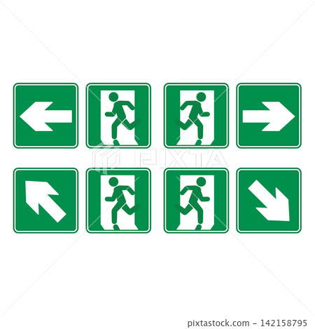 Green Emergency Exit Signs. Vector Icons. Man Running to Door Left, Right, Up and Down. Warning Sign, Emergency Evacuation Symbol Green Emergency Exit Signs. Vector Icons. Man Running to Door Left, Right, Up and Down. Warning Sign, Emergency Evacuation Symbol 142158795