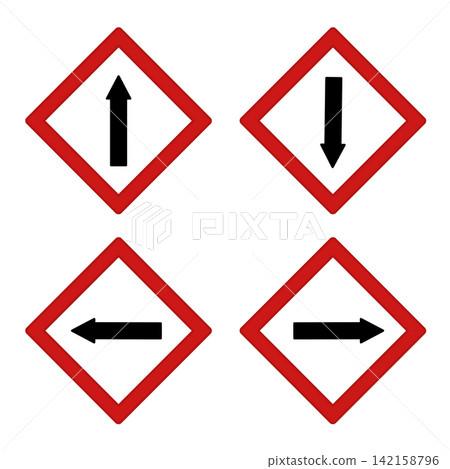Red Road Signs with Directional Arrows. Vector Icons. Forward, Backward, Left, and Right Red Road Signs with Directional Arrows. Vector Icons. Forward, Backward, Left, and Right 142158796