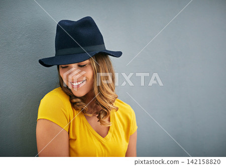Woman, smile and hat by gray background with fashion inspiration, clothes and mockup for marketing. Happy, confidence and face of gen z person by dark wall with advertising space, fedora and style Woman, smile and hat by gray background with fashion inspiration, clothes and mockup for marketing. Happy, confidence and face of gen z person by dark wall with advertising space, fedora and style 142158820