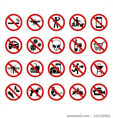 Red Prohibitory Public Signs. Vector Icons. Sticker Set. No Selfies, Smoking, Drones, Phones, BBQ, Dog Walking, Wearing Shoes, Aliens and More Red Prohibitory Public Signs. Vector Icons. Sticker Set. No Selfies, Smoking, Drones, Phones, BBQ, Dog Walking, Wearing Shoes, Aliens and More 142158902