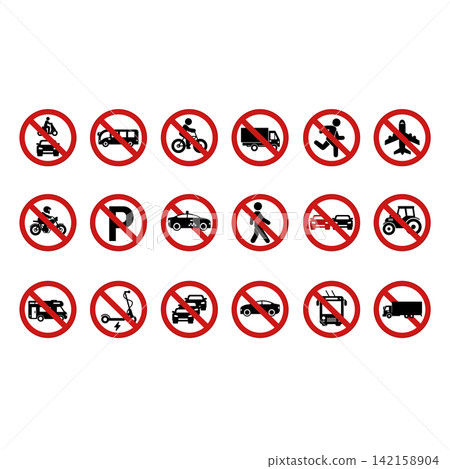 Red Prohibitory Round Road Signs. Vector Icons. No Traffic Jams, Trucks, Trolleybuses, Motorcycles, Buses, Bicycles, Pedestrians, Taxis, and More Red Prohibitory Round Road Signs. Vector Icons. No Traffic Jams, Trucks, Trolleybuses, Motorcycles, Buses, Bicycles, Pedestrians, Taxis, and More 142158904