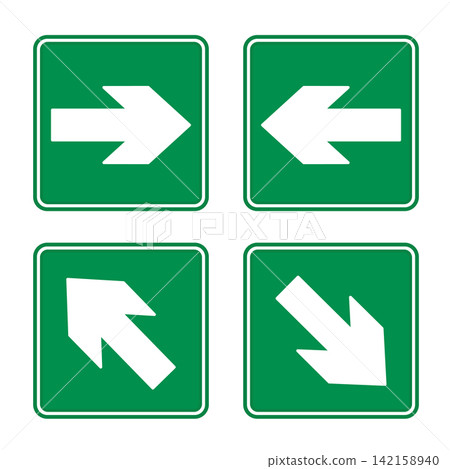 Green Emergency Exit Arrows. Vector Icons. Right, Left, Up, and Down Arrows. Sign Shows Evacuation Direction 142158940