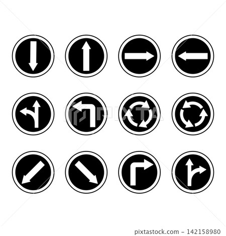 Black Road Traffic Arrows. Round Signs. Vector Icons. Back, Forward, Right and Left Arrows. Straight or Right, Straight or Left. Roundabout. Keep Left or Right Black Road Traffic Arrows. Round Signs. Vector Icons. Back, Forward, Right and Left Arrows. Straight or Right, Straight or Left. Roundabout. Keep Left or Right 142158980