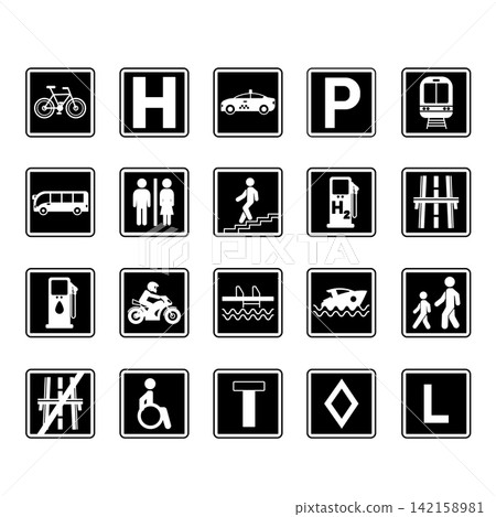 Black Square Road Signs. Vector Icons. Parking, Train Station, Hospital, Toilet, Bus Stop, Subway, Pool, Pier, Disabled Parking, and More 142158981