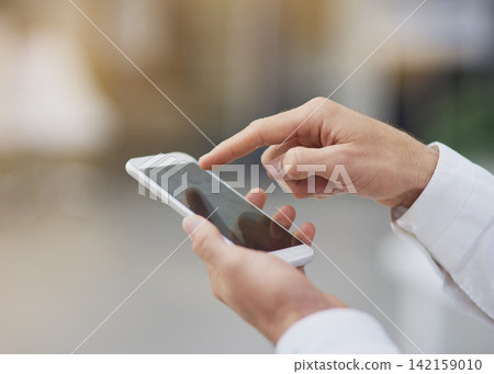 Businessman, hand and smartphone outdoor typing on screen for communication, contact or social media. Male person, mobile or tech texting for networking, internet connection or conversation on app Businessman, hand and smartphone outdoor typing on screen for communication, contact or social media. Male person, mobile or tech texting for networking, internet connection or conversation on app 142159010