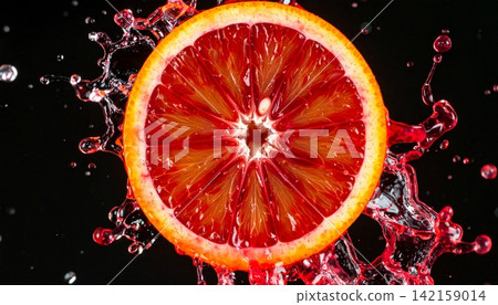 A halved blood orange bursts mid-splash, droplets of juice A halved blood orange bursts mid-splash, droplets of juice 142159014