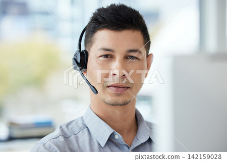 Call center, consulting and portrait of man in office for telemarketing, advisory and communication. Agent, consultant and serious face with headset for customer service, sales support or help in crm Call center, consulting and portrait of man in office for telemarketing, advisory and communication. Agent, consultant and serious face with headset for customer service, sales support or help in crm 142159028
