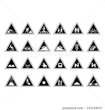 Black Road Signs. Vector Icons. Humorous Stickers. Embankment Exit, Road Works, Pedestrian Crossing, School Crossing. Parking, Traffic Jam, Traffic Light, Train, Zombie, Witch Road, and More 142159037