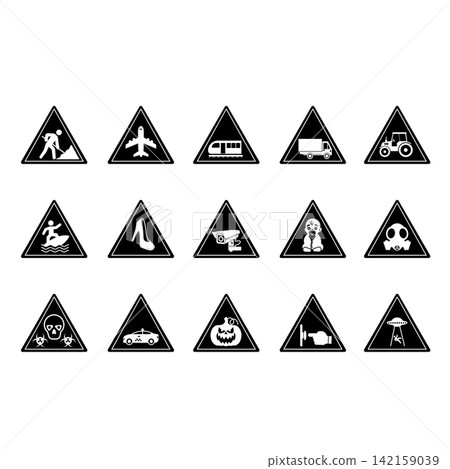 Black Triangular Road Signs. Vector Icons. Warning Signs. Road Works, Airport, Train, Heavy Truck. Farm Tractor, CCTV, Surfing, Baby On Board, No Parking, and More Black Triangular Road Signs. Vector Icons. Warning Signs. Road Works, Airport, Train, Heavy Truck. Farm Tractor, CCTV, Surfing, Baby On Board, No Parking, and More 142159039