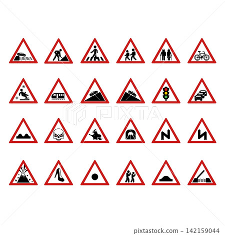 Red Triangular Road Signs. Vector Icons. Humorous Stickers. Embankment Exit, Road Works, Pedestrian Crossing, School Crossing. Parking, Traffic Jam, Traffic Light, Train, Zombie, Witch Road, and More Red Triangular Road Signs. Vector Icons. Humorous Stickers. Embankment Exit, Road Works, Pedestrian Crossing, School Crossing. Parking, Traffic Jam, Traffic Light, Train, Zombie, Witch Road, and More 142159044