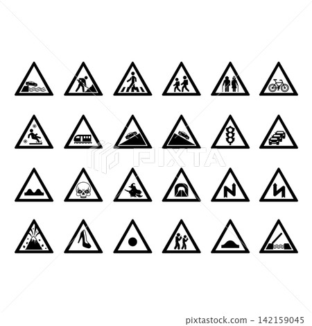 Road Signs. Vector Icons. Humorous Stickers. Embankment Exit, Road Works, Pedestrian Crossing, School Crossing. Parking, Traffic Jam, Traffic Light, Train, Zombie, Witch Road, and More 142159045