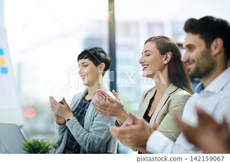 Clapping hands, meeting and business people in office boardroom for finance seminar or team building. Applause, collaboration and group of financial advisors at corporate workshop or presentation. Clapping hands, meeting and business people in office boardroom for finance seminar or team building. Applause, collaboration and group of financial advisors at corporate workshop or presentation. 142159067