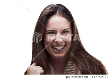 Fashion, laugh and portrait of woman in studio with trendy clothes, stylish sweater and warm outfit for winter. Beauty, happy and face of isolated person with confidence and smile on white background Fashion, laugh and portrait of woman in studio with trendy clothes, stylish sweater and warm outfit for winter. Beauty, happy and face of isolated person with confidence and smile on white background 142159115