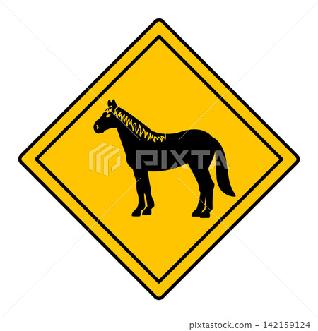 Yellow Road Sign Horse. Vector Icon. Road Sign Warning about Crossing the Road Animals. Sticker for Zoo Yellow Road Sign Horse. Vector Icon. Road Sign Warning about Crossing the Road Animals. Sticker for Zoo 142159124