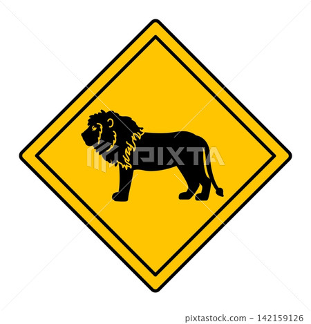 Yellow Road Sign Lion. Vector Icon. Wild Cat. Road Sign Warning about Crossing the Road by Animals. Sticker for Zoo 142159126