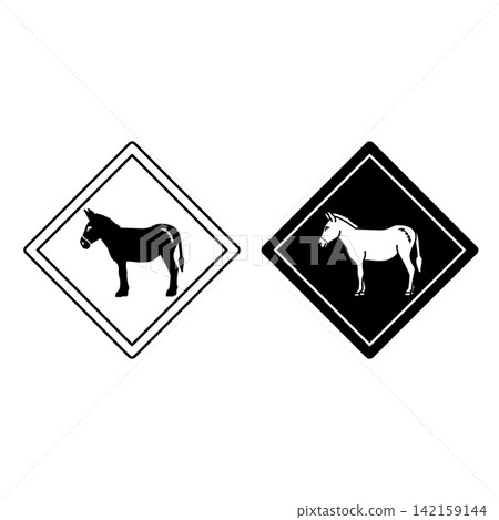 Donkey Road Signs. Black and White Vector Icons. Road Sign Warning about Crossing the Road by Animals. Sticker for Zoo Donkey Road Signs. Black and White Vector Icons. Road Sign Warning about Crossing the Road by Animals. Sticker for Zoo 142159144