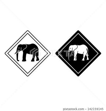 Elephant Road Signs. Black and White Vector Icons. Road Sign Warning about Crossing the Road by Animals. Sticker for Zoo 142159145