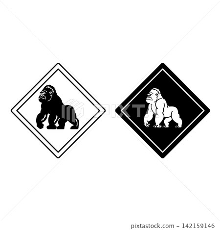 Gorilla Road Signs. Black and White Vector Icons. Monkey. Road Sign Warning about Crossing the Road by Animals. Sticker for Zoo Gorilla Road Signs. Black and White Vector Icons. Monkey. Road Sign Warning about Crossing the Road by Animals. Sticker for Zoo 142159146
