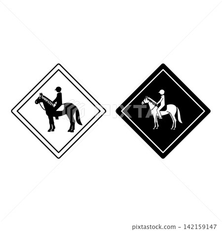 Horse Rider Road Signs. Black and White Vector Icons. Road Sign Warning about Crossing the Road Race Horse with Jockey. Sticker Horse Rider Road Signs. Black and White Vector Icons. Road Sign Warning about Crossing the Road Race Horse with Jockey. Sticker 142159147
