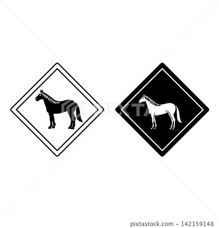 Horse Road Signs. Black and White Vector Icons. Road Sign Warning about Crossing the Road Animals. Sticker for Zoo Horse Road Signs. Black and White Vector Icons. Road Sign Warning about Crossing the Road Animals. Sticker for Zoo 142159148