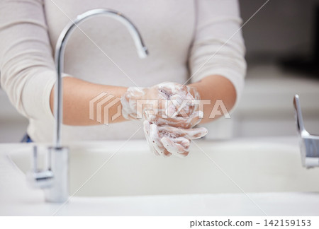 Cleaning, soap and washing hands in home bathroom for hygiene, safety or health for care in the morning. Skin, person and foam for bacteria prevention, dirt or virus protection at sink in house Cleaning, soap and washing hands in home bathroom for hygiene, safety or health for care in the morning. Skin, person and foam for bacteria prevention, dirt or virus protection at sink in house 142159153