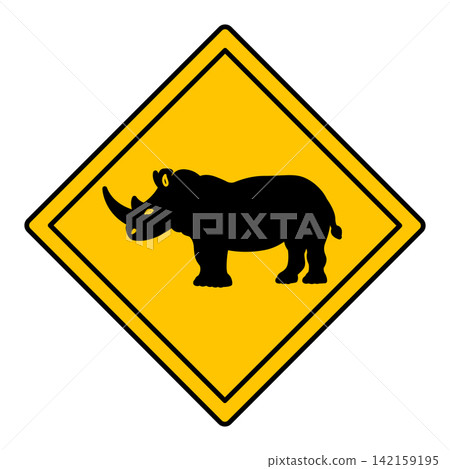 Yellow Road Sign Rhino. Vector Icon. Road Sign Warning about Crossing the Road by Animals. Sticker for Zoo Yellow Road Sign Rhino. Vector Icon. Road Sign Warning about Crossing the Road by Animals. Sticker for Zoo 142159195
