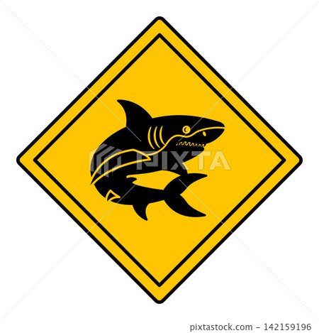 Yellow Road Sign Shark. Vector Icon. Fish, Predator. Road Sign Warning About Shark. Zoo Sticker 142159196