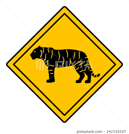 Yellow Road Sign Tiger. Vector Icon. Road Sign Warning about Crossing the Road by Animals. Sticker for Zoo Yellow Road Sign Tiger. Vector Icon. Road Sign Warning about Crossing the Road by Animals. Sticker for Zoo 142159197