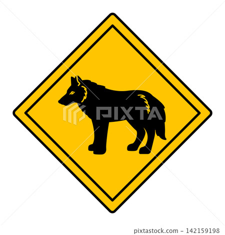 Yellow Road Sign Wolf. Vector Icon. Road Sign Warning about Crossing the Road by Animals. Sticker for Zoo Yellow Road Sign Wolf. Vector Icon. Road Sign Warning about Crossing the Road by Animals. Sticker for Zoo 142159198