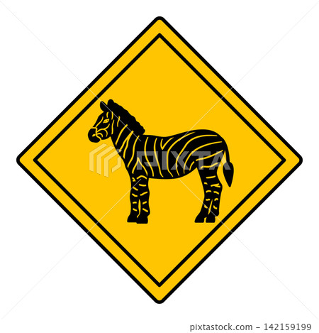 Yellow Road Sign Zebra. Vector Icon. Striped Horse. Road Sign Warning about Animals Crossing the Road. Zoo Sticker Yellow Road Sign Zebra. Vector Icon. Striped Horse. Road Sign Warning about Animals Crossing the Road. Zoo Sticker 142159199