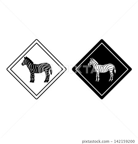 Zebra Road Signs. Black and White Vector Icons. Striped Horse. Road Sign Warning about Animals Crossing the Road. Zoo Sticker Zebra Road Signs. Black and White Vector Icons. Striped Horse. Road Sign Warning about Animals Crossing the Road. Zoo Sticker 142159200