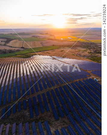 Solar panels cover a large area in a field during sunset in a rural location 142159224