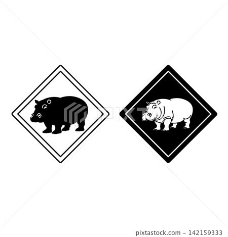 Hippopotamus Road Signs. Black and White Vector Icons. Hippopotamus. Road Sign Warning about Crossing the Road by Animals. Sticker for Zoo Hippopotamus Road Signs. Black and White Vector Icons. Hippopotamus. Road Sign Warning about Crossing the Road by Animals. Sticker for Zoo 142159333
