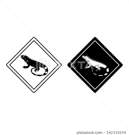 Iguana Road Signs. Black and White Vector Icons. Reptile, Lizard. Road Sign Warning Animals Crossing the Road. Zoo Sticker Iguana Road Signs. Black and White Vector Icons. Reptile, Lizard. Road Sign Warning Animals Crossing the Road. Zoo Sticker 142159334