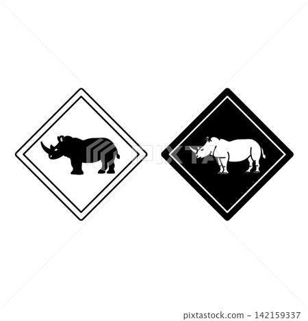 Rhino Road Signs. Black and White Vector Icons. Road Sign Warning about Crossing the Road by Animals. Sticker for Zoo Rhino Road Signs. Black and White Vector Icons. Road Sign Warning about Crossing the Road by Animals. Sticker for Zoo 142159337