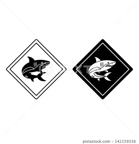 Shark Road Signs. Black and White Vector Icons. Fish, Predator. Road Sign Warning About Shark. Zoo Sticker 142159338
