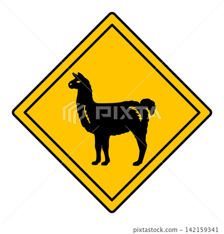 Yellow Llama Road Sign Vector Icon. Alpaca. Road Sign Warning Animals Crossing Road. Zoo Sticker Yellow Llama Road Sign Vector Icon. Alpaca. Road Sign Warning Animals Crossing Road. Zoo Sticker 142159341